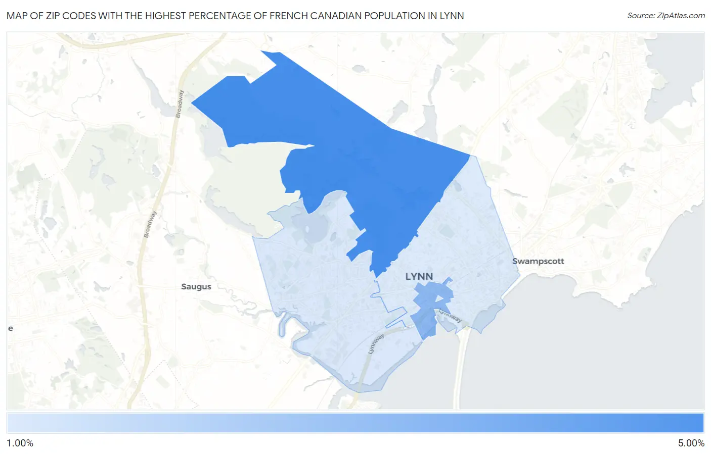 Zip Codes with the Highest Percentage of French Canadian Population in Lynn Map