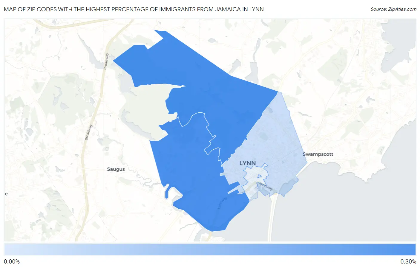 Zip Codes with the Highest Percentage of Immigrants from Jamaica in Lynn Map