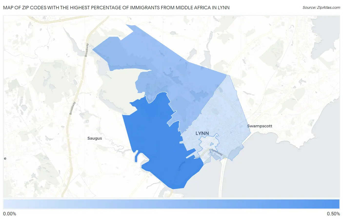 Zip Codes with the Highest Percentage of Immigrants from Middle Africa in Lynn Map