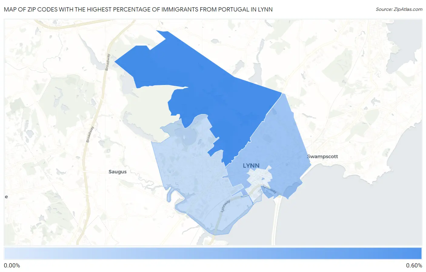 Zip Codes with the Highest Percentage of Immigrants from Portugal in Lynn Map
