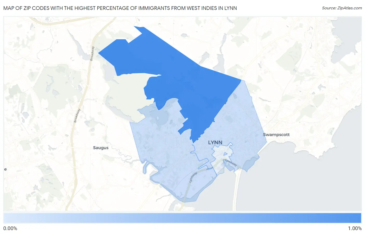 Zip Codes with the Highest Percentage of Immigrants from West Indies in Lynn Map