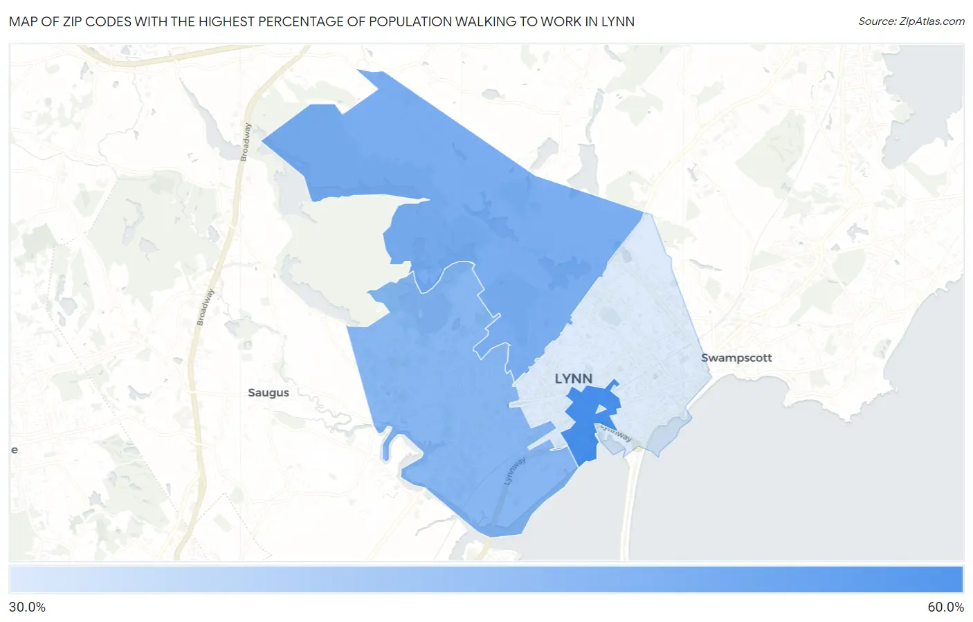 Zip Codes with the Highest Percentage of Population Walking to Work in Lynn Map