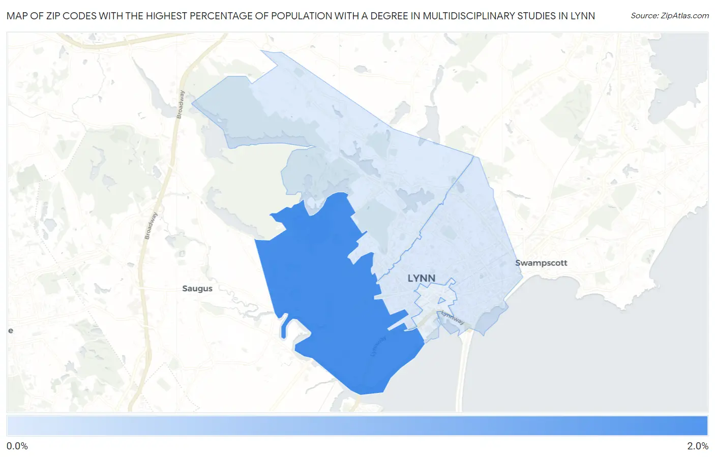 Zip Codes with the Highest Percentage of Population with a Degree in Multidisciplinary Studies in Lynn Map