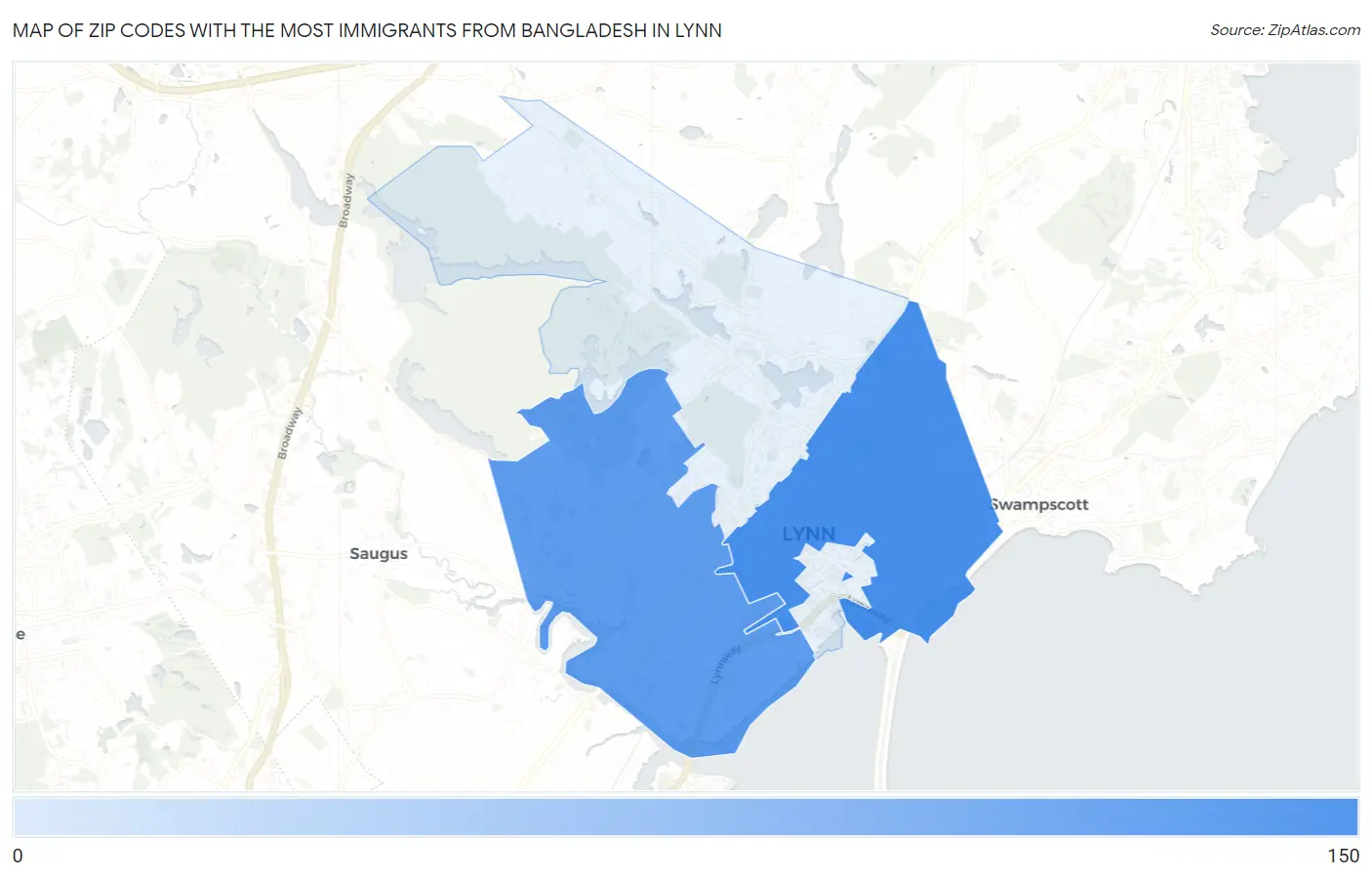 Zip Codes with the Most Immigrants from Bangladesh in Lynn Map