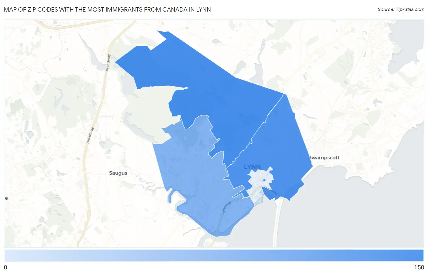 Zip Codes with the Most Immigrants from Canada in Lynn Map