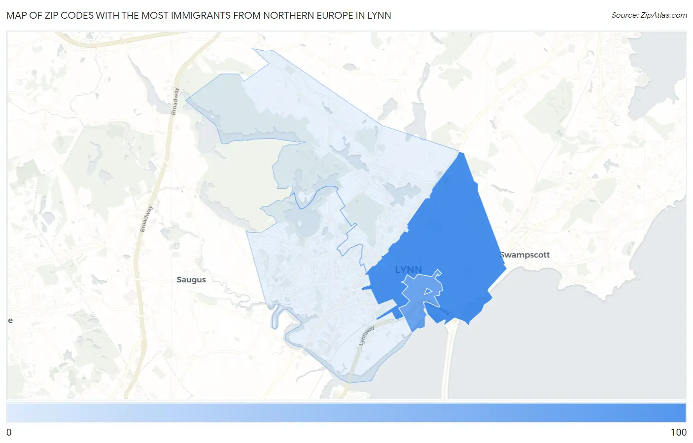 Zip Codes with the Most Immigrants from Northern Europe in Lynn Map
