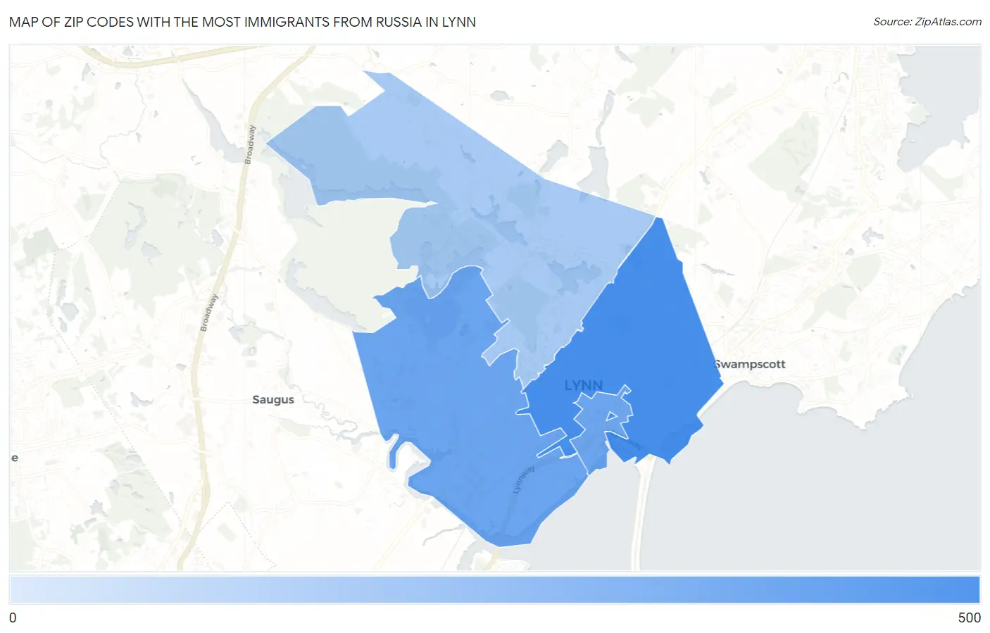 Zip Codes with the Most Immigrants from Russia in Lynn Map