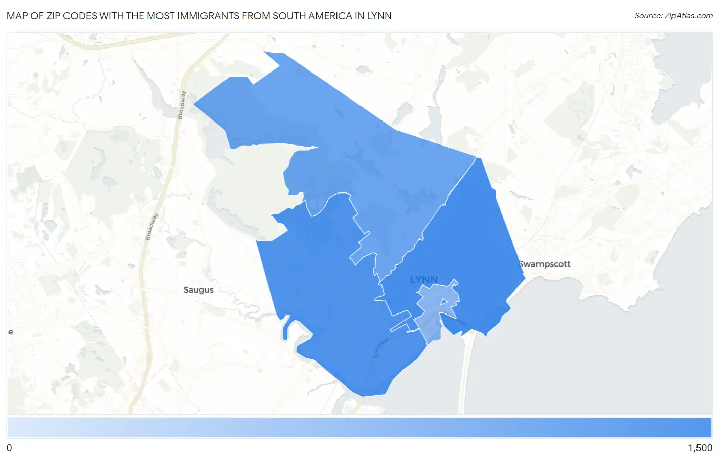 Zip Codes with the Most Immigrants from South America in Lynn Map