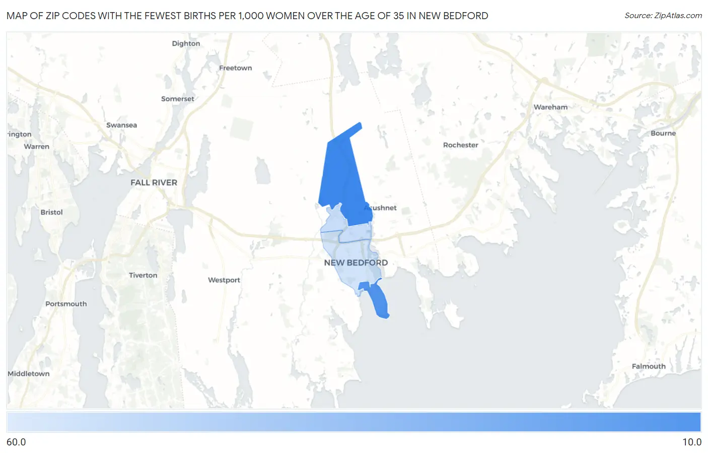 Zip Codes with the Fewest Births per 1,000 Women Over the Age of 35 in New Bedford Map