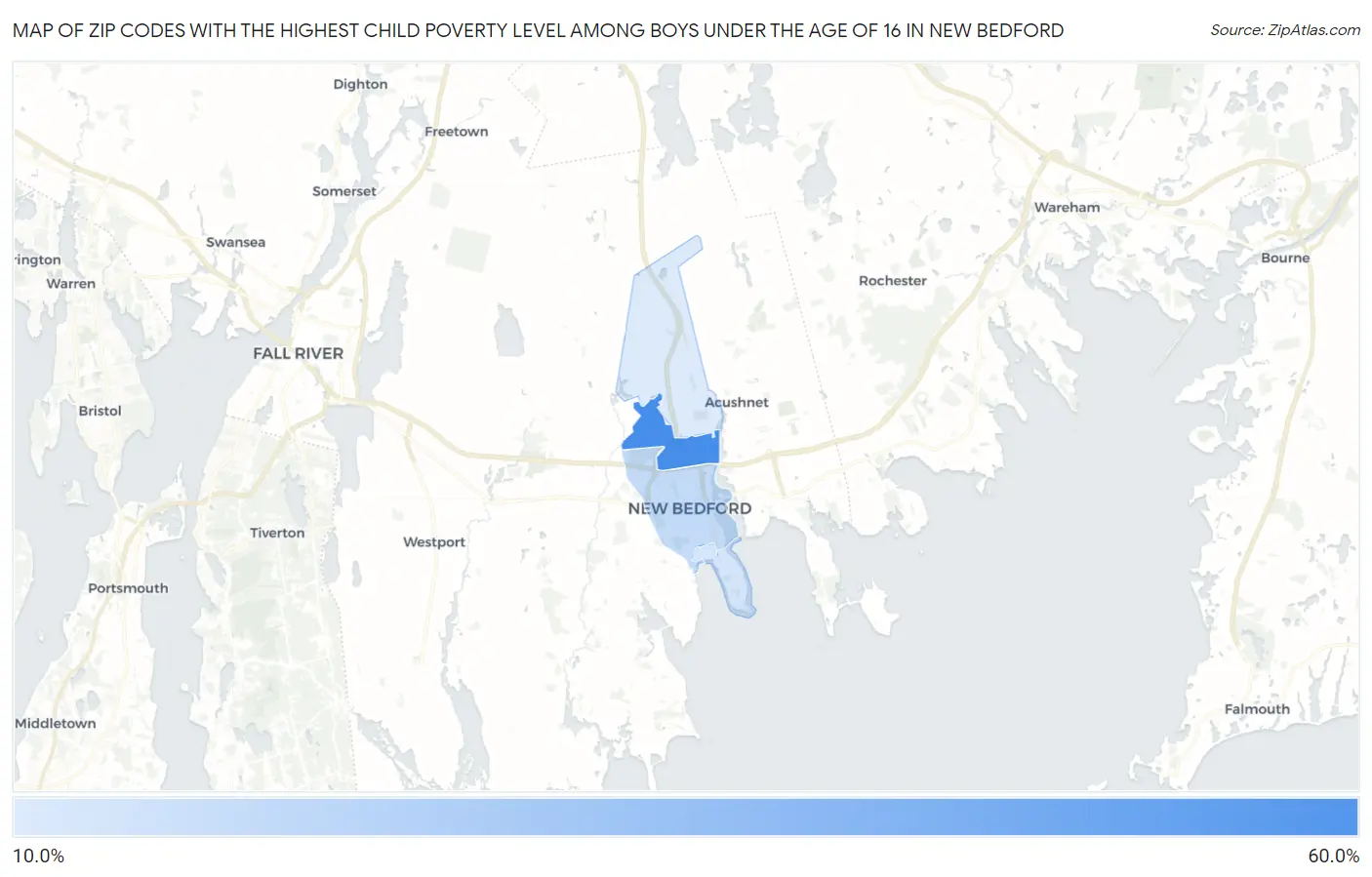Zip Codes with the Highest Child Poverty Level Among Boys Under the Age of 16 in New Bedford Map