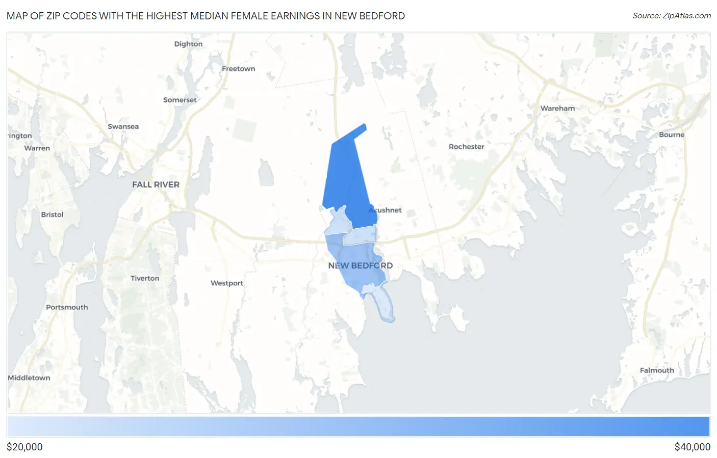 Zip Codes with the Highest Median Female Earnings in New Bedford Map