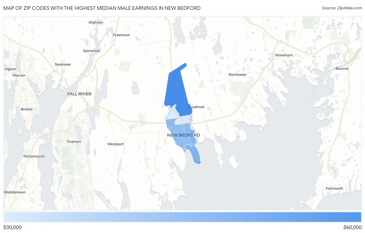 Zip Codes with the Highest Median Male Earnings in New Bedford Map