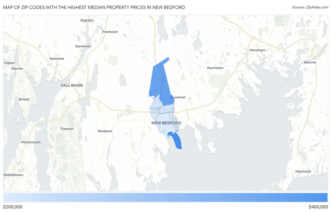 Zip Codes with the Highest Median Property Prices in New Bedford Map