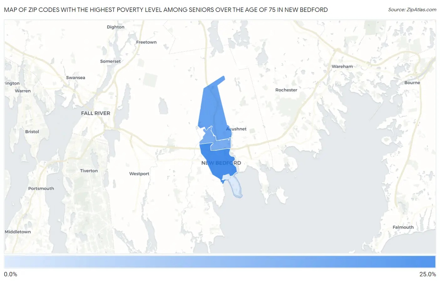 Zip Codes with the Highest Poverty Level Among Seniors Over the Age of 75 in New Bedford Map