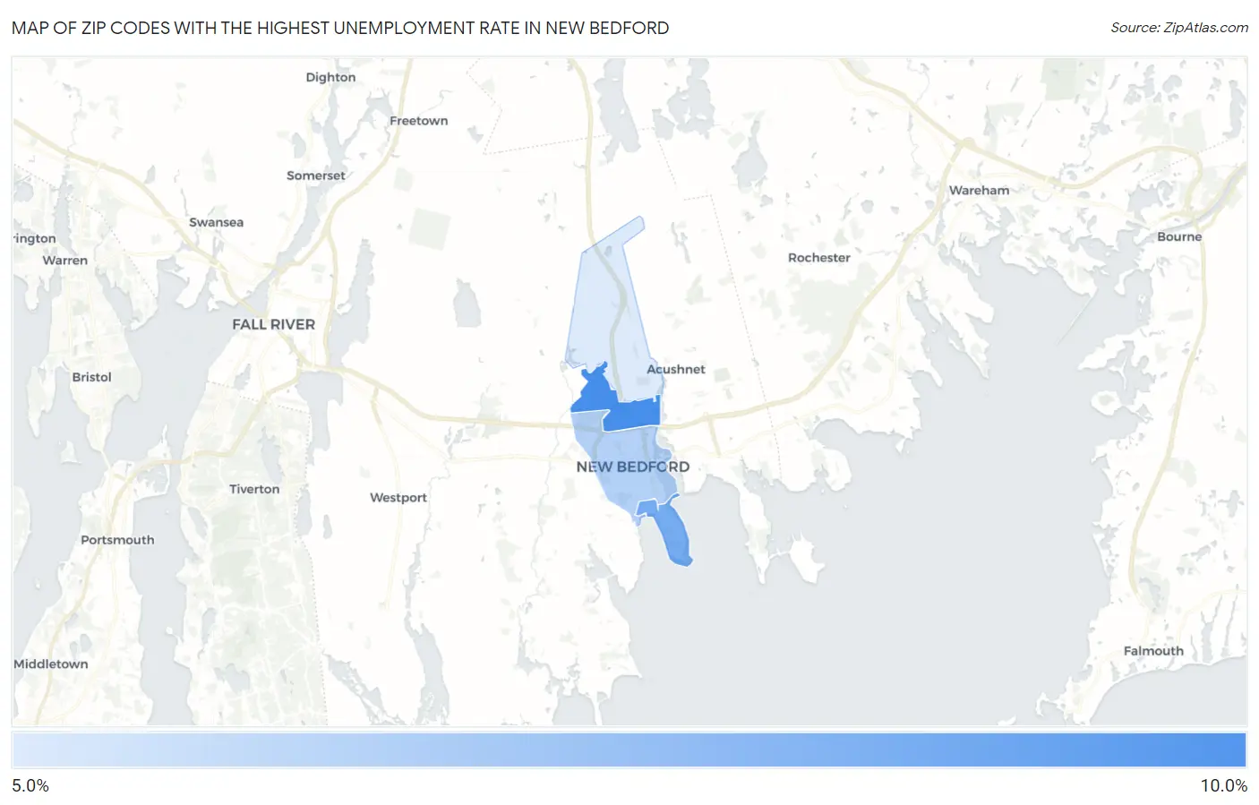 Zip Codes with the Highest Unemployment Rate in New Bedford Map