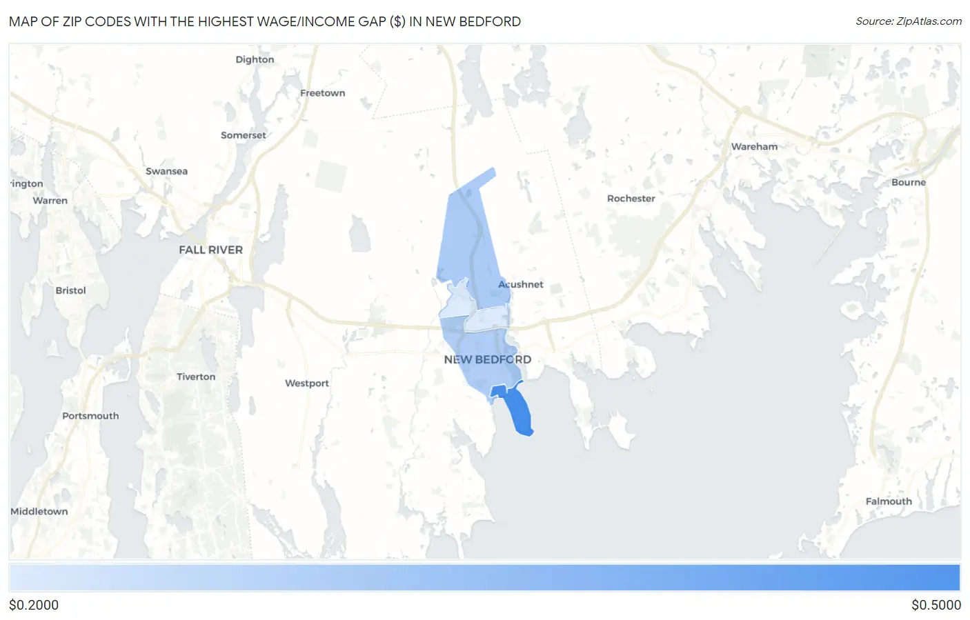 Zip Codes with the Highest Wage/Income Gap ($) in New Bedford Map