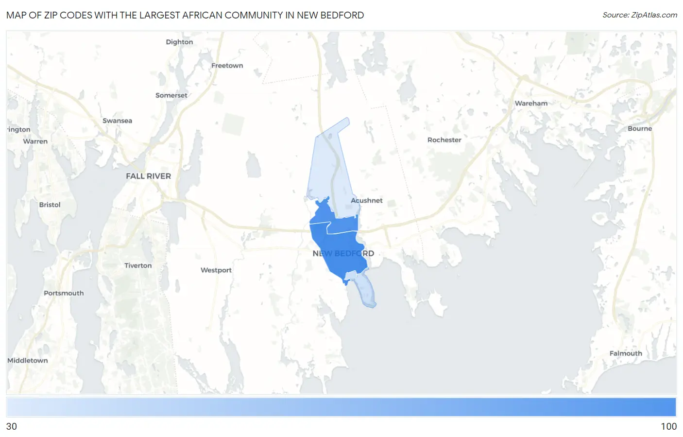 Zip Codes with the Largest African Community in New Bedford Map