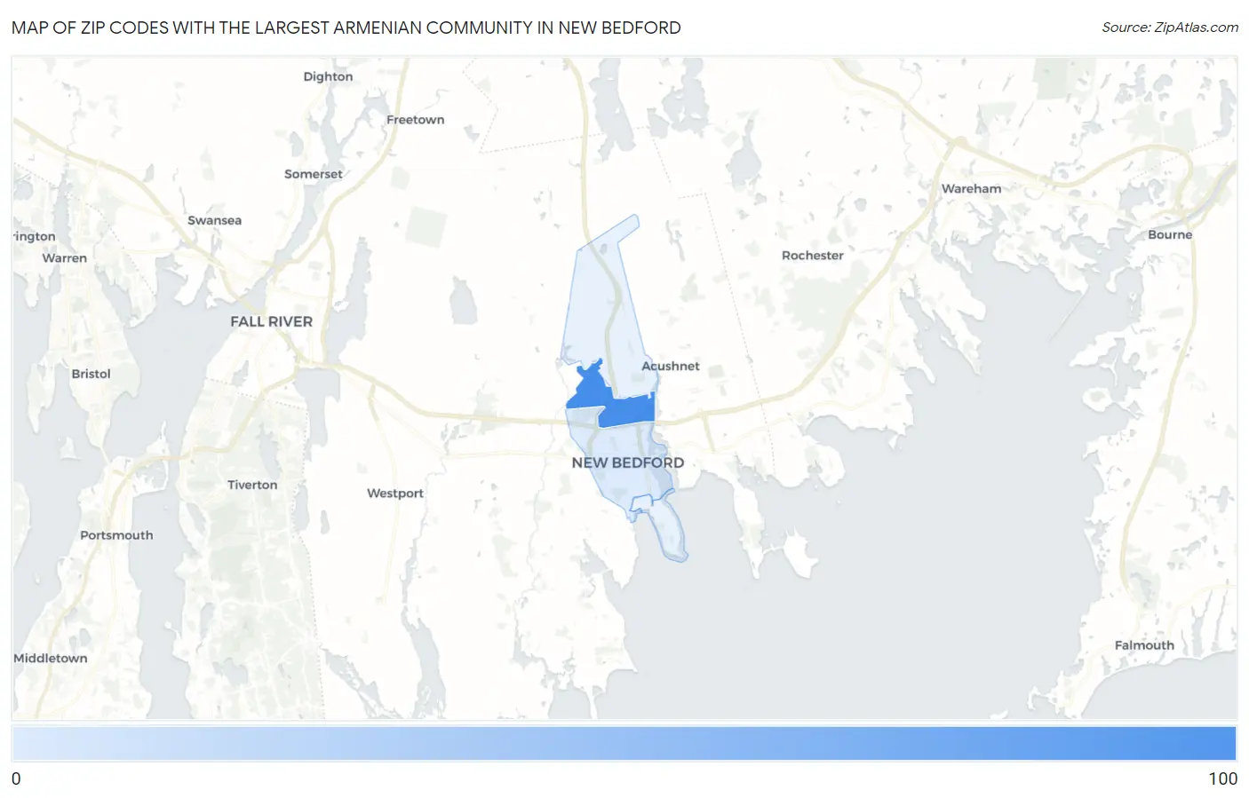 Zip Codes with the Largest Armenian Community in New Bedford Map