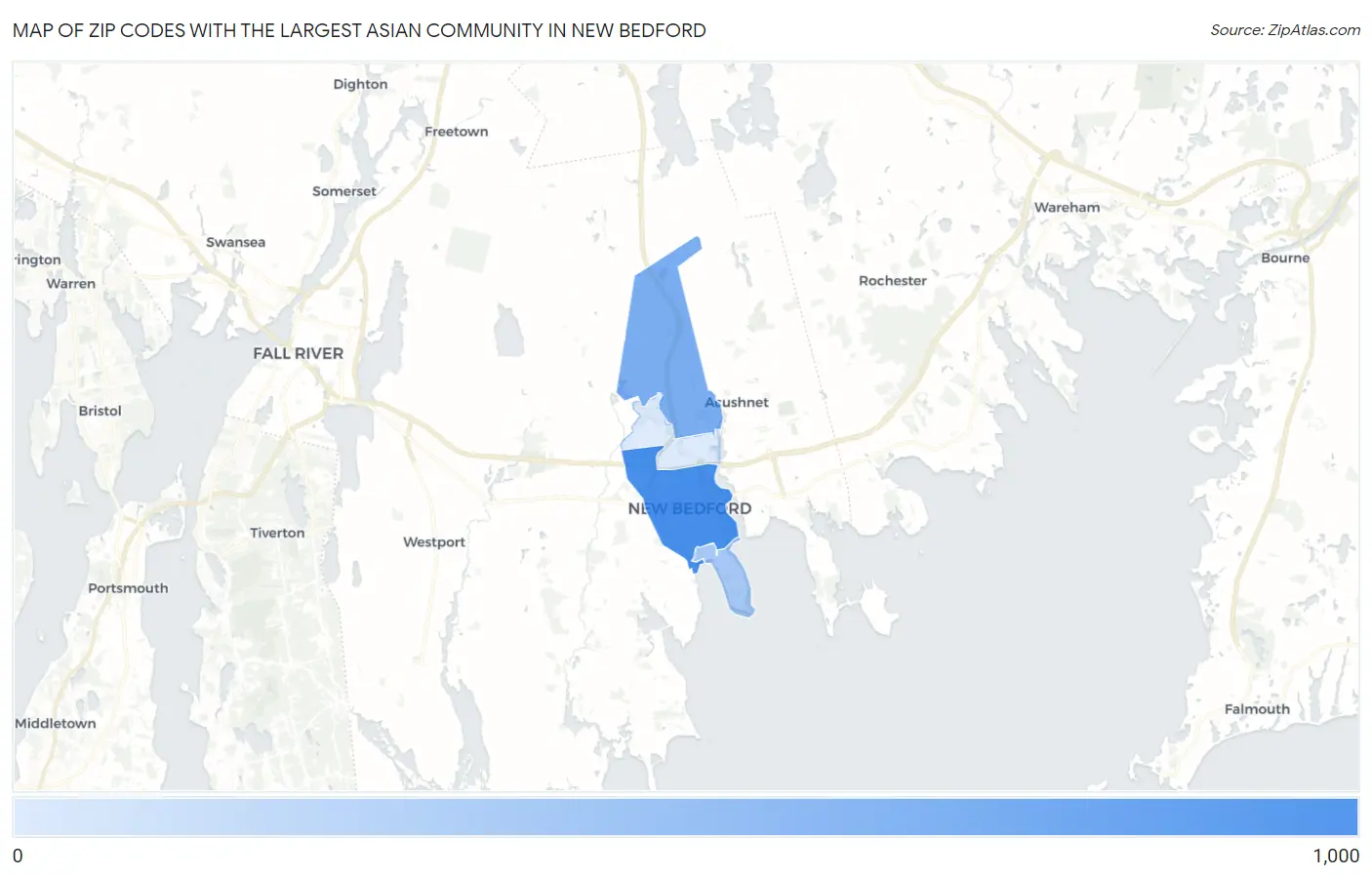 Zip Codes with the Largest Asian Community in New Bedford Map