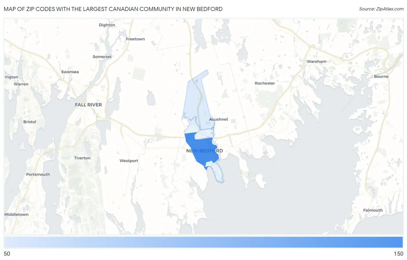 Zip Codes with the Largest Canadian Community in New Bedford Map