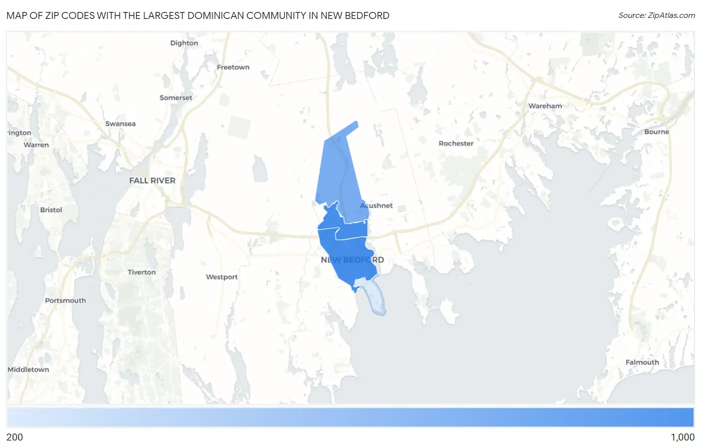 Zip Codes with the Largest Dominican Community in New Bedford Map