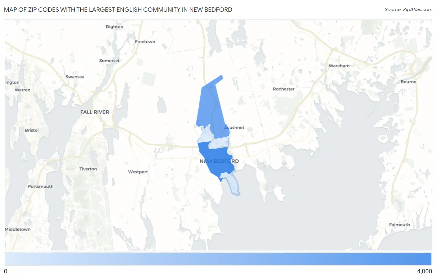 Zip Codes with the Largest English Community in New Bedford Map