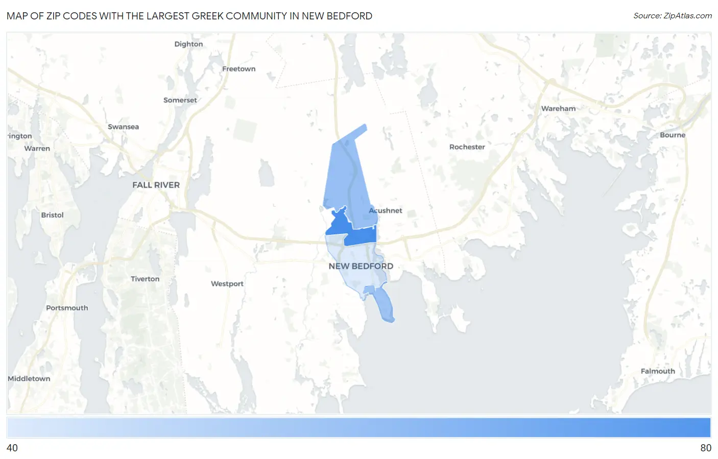 Zip Codes with the Largest Greek Community in New Bedford Map