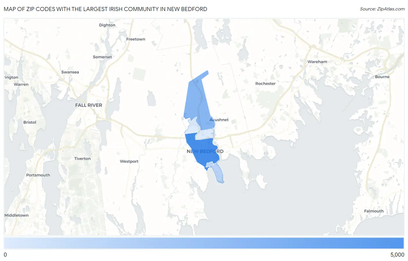 Zip Codes with the Largest Irish Community in New Bedford Map