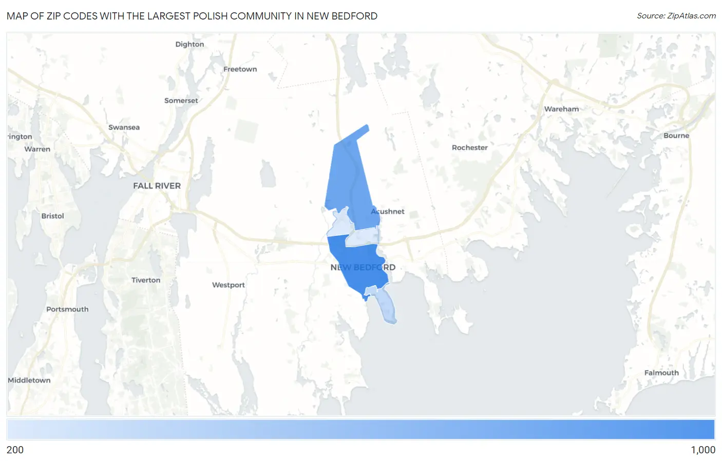 Zip Codes with the Largest Polish Community in New Bedford Map