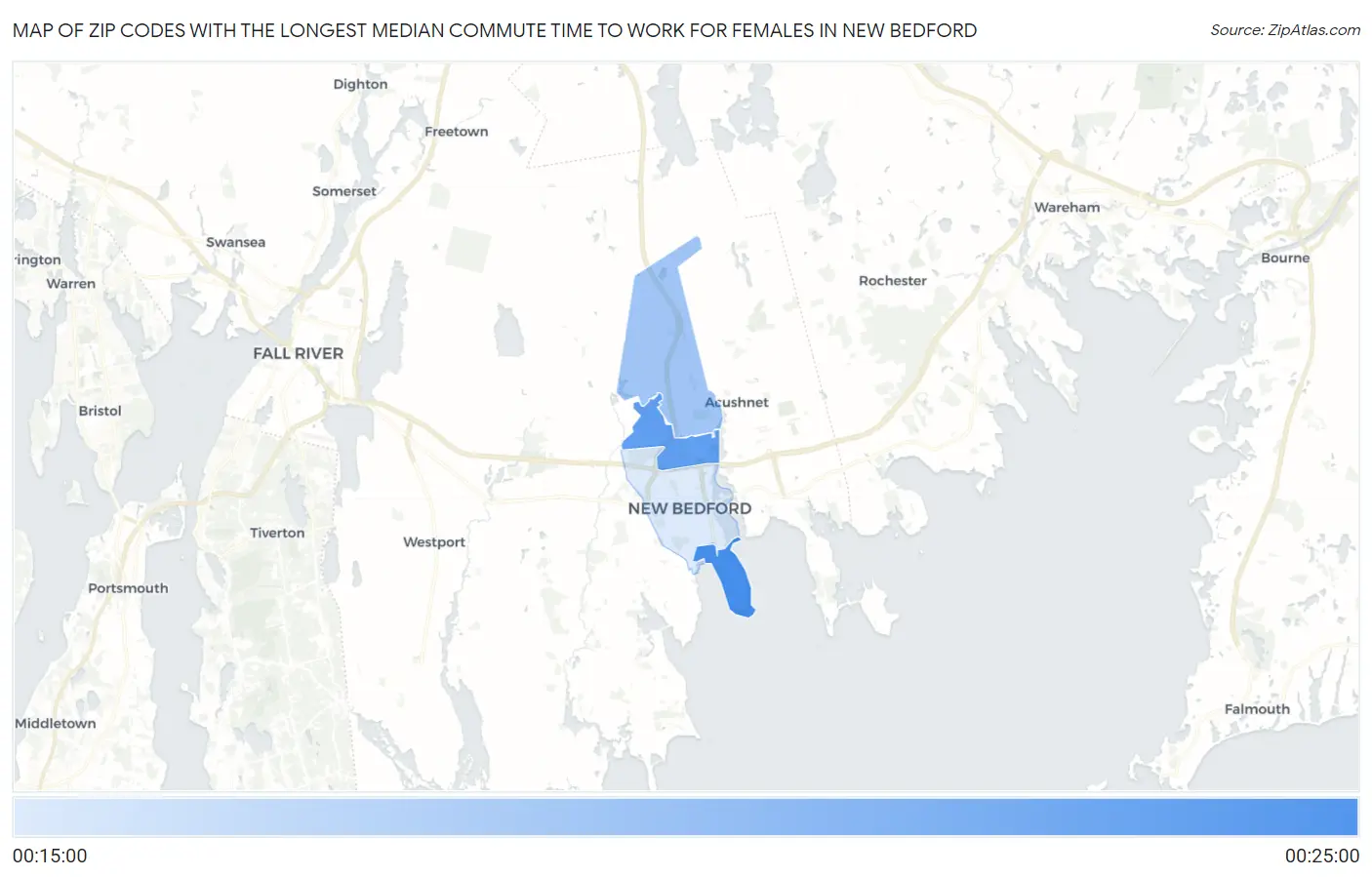 Zip Codes with the Longest Median Commute Time to Work for Females in New Bedford Map
