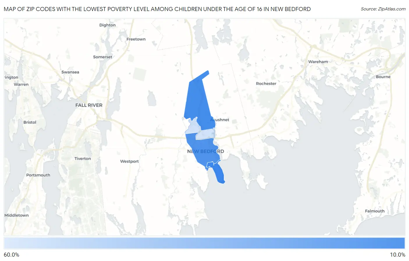 Zip Codes with the Lowest Poverty Level Among Children Under the Age of 16 in New Bedford Map