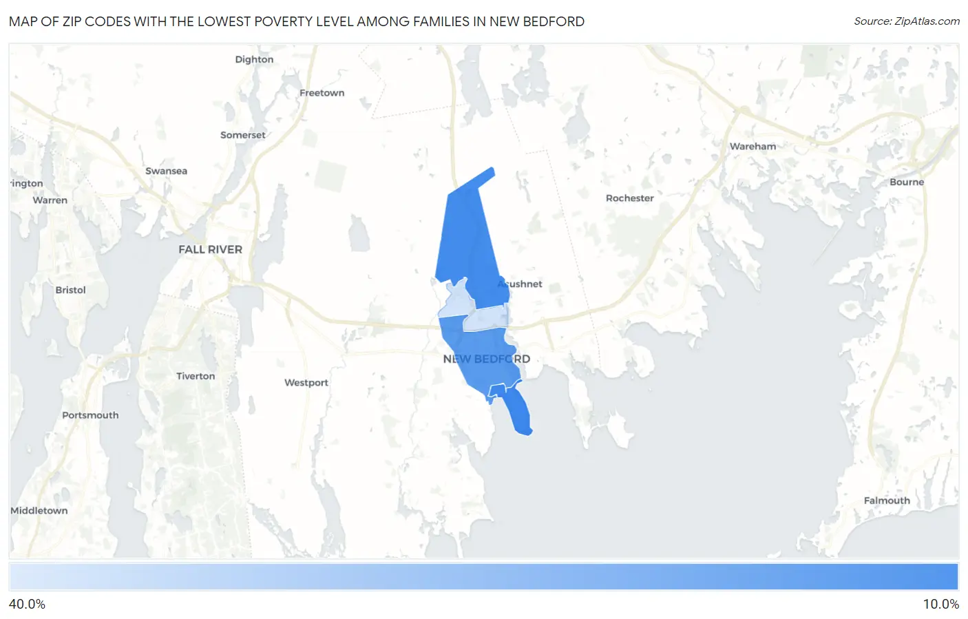 Zip Codes with the Lowest Poverty Level Among Families in New Bedford Map
