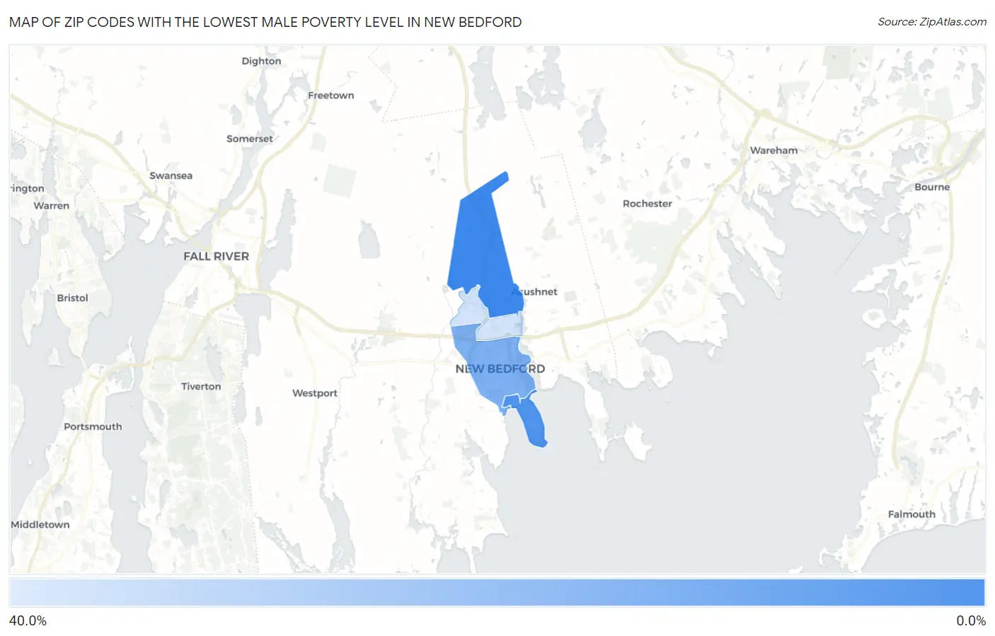 Zip Codes with the Lowest Male Poverty Level in New Bedford Map