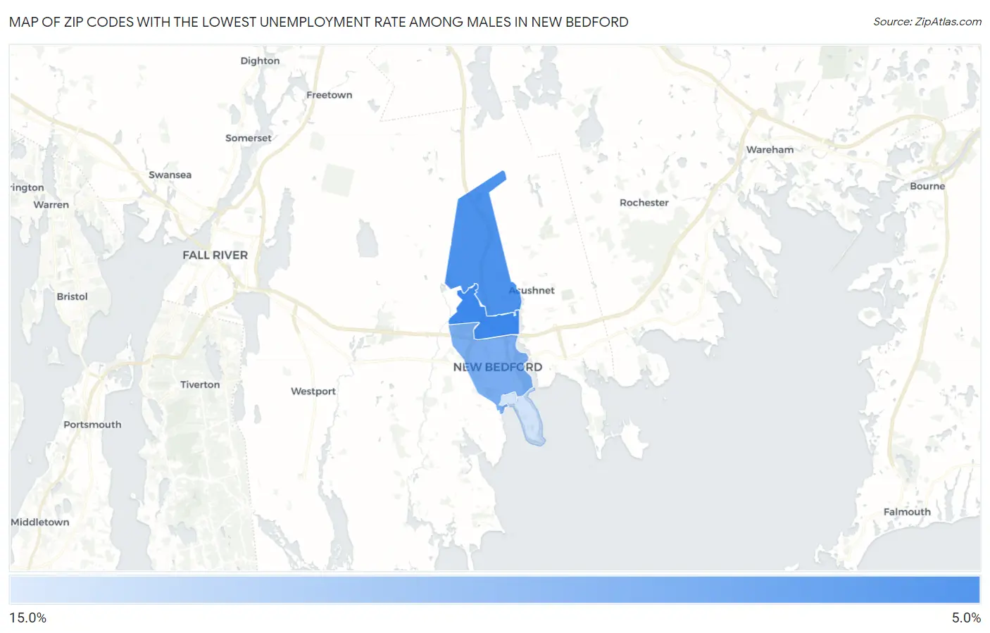 Zip Codes with the Lowest Unemployment Rate Among Males in New Bedford Map