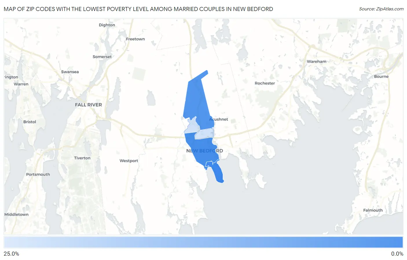 Zip Codes with the Lowest Poverty Level Among Married Couples in New Bedford Map