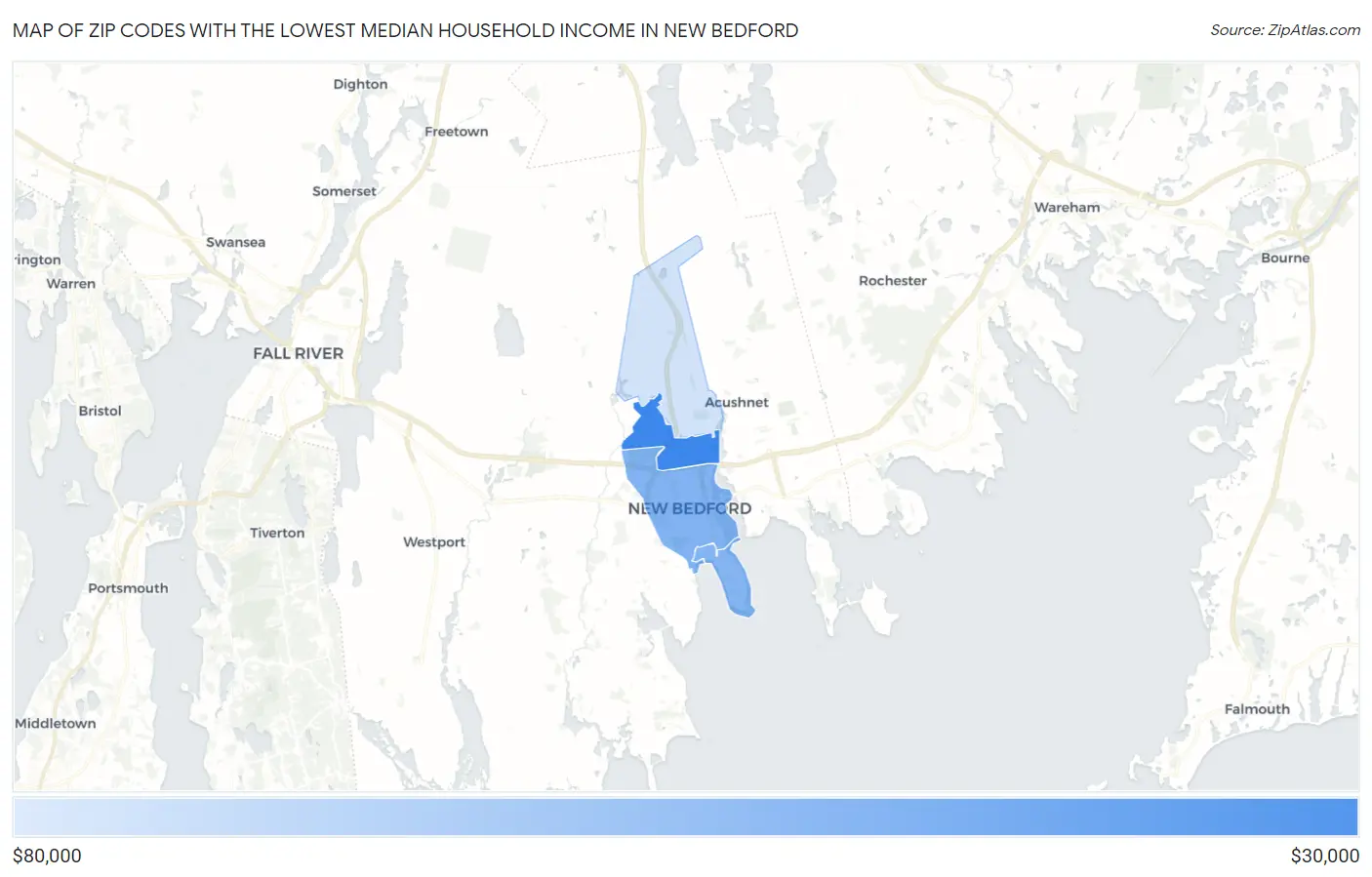 Zip Codes with the Lowest Median Household Income in New Bedford Map
