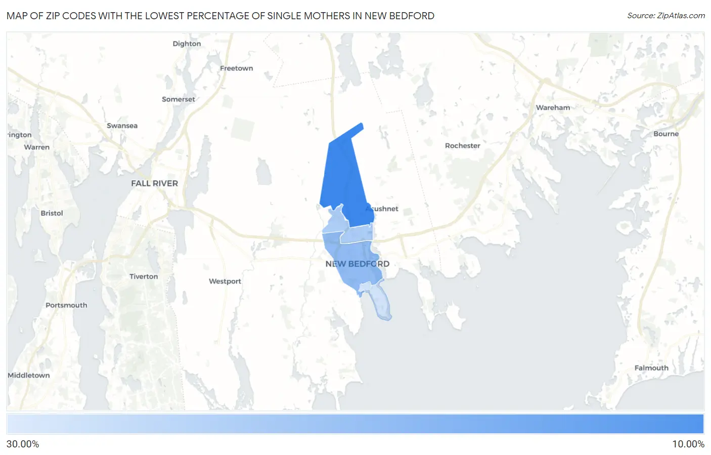 Zip Codes with the Lowest Percentage of Single Mothers in New Bedford Map