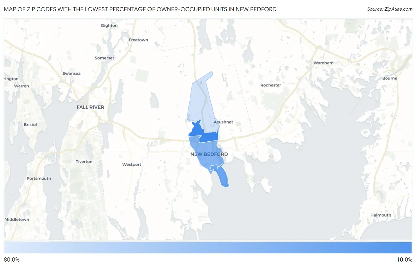 Zip Codes with the Lowest Percentage of Owner-Occupied Units in New Bedford Map