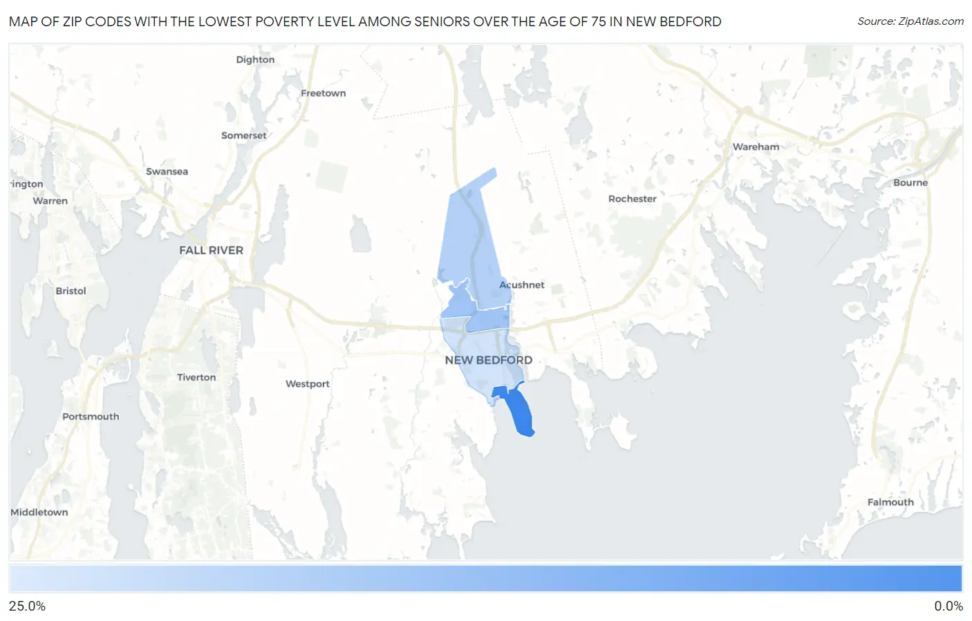Zip Codes with the Lowest Poverty Level Among Seniors Over the Age of 75 in New Bedford Map
