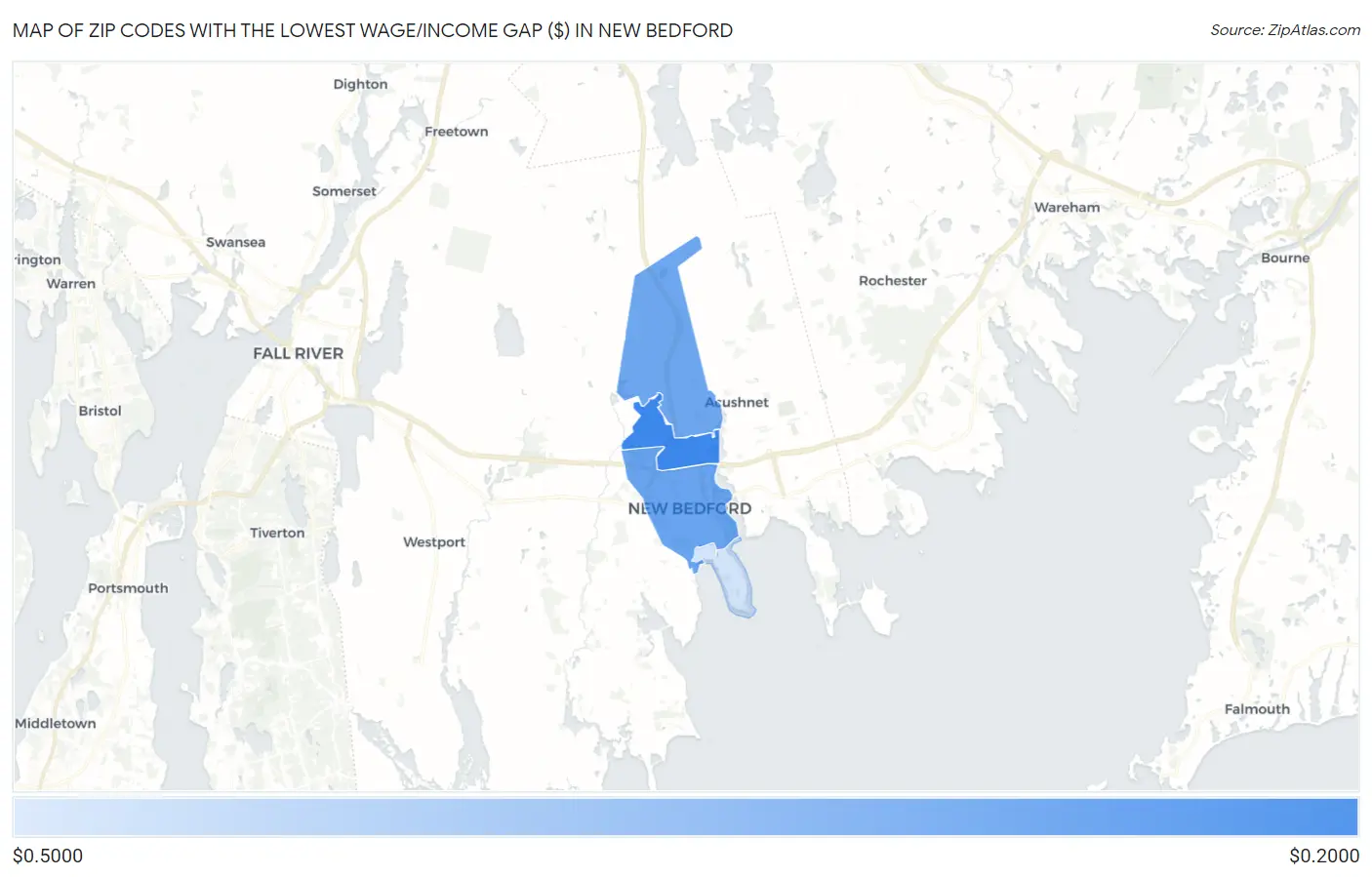 Zip Codes with the Lowest Wage/Income Gap ($) in New Bedford Map