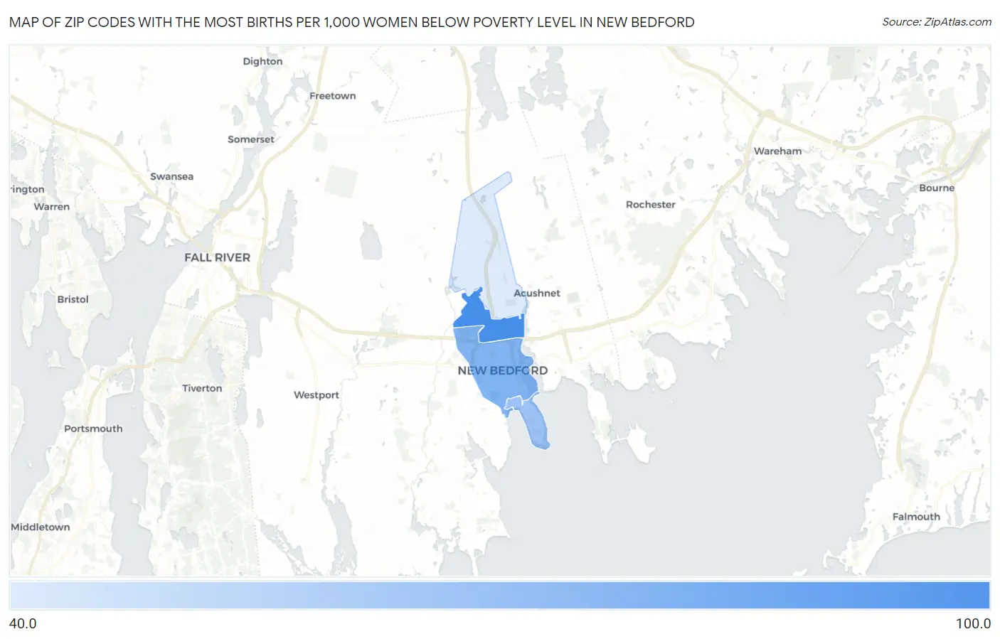 Zip Codes with the Most Births per 1,000 Women Below Poverty Level in New Bedford Map