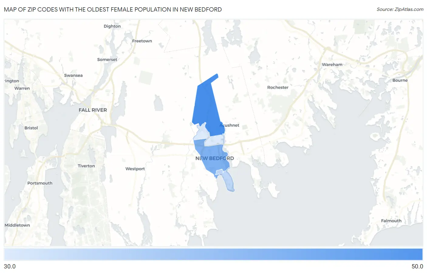 Zip Codes with the Oldest Female Population in New Bedford Map