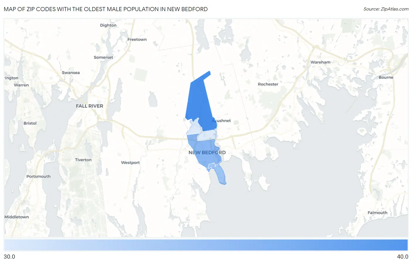 Zip Codes with the Oldest Male Population in New Bedford Map