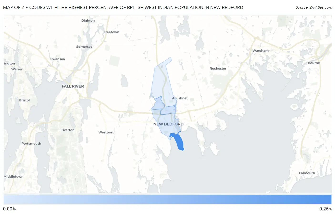 Zip Codes with the Highest Percentage of British West Indian Population in New Bedford Map
