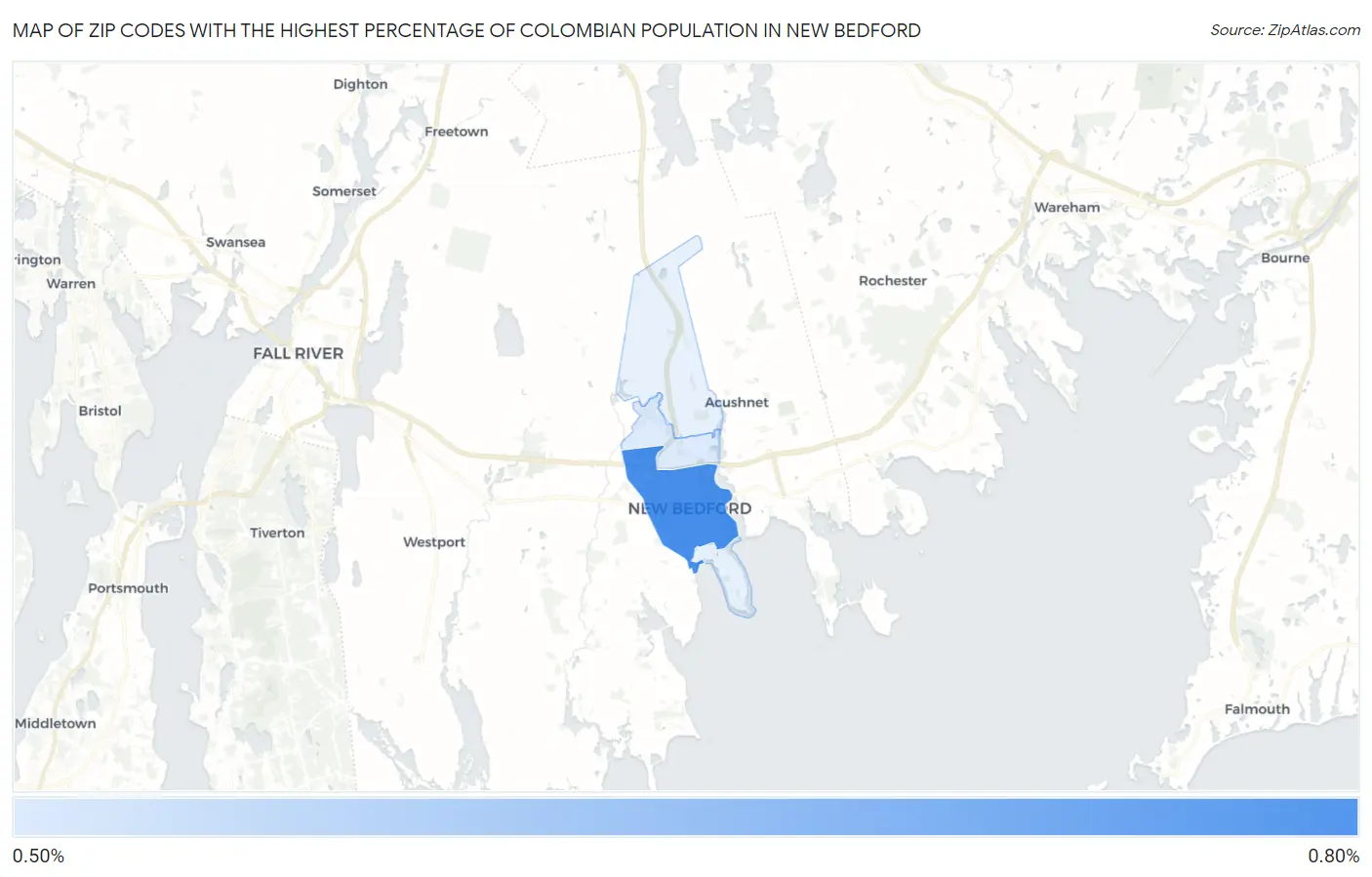 Zip Codes with the Highest Percentage of Colombian Population in New Bedford Map
