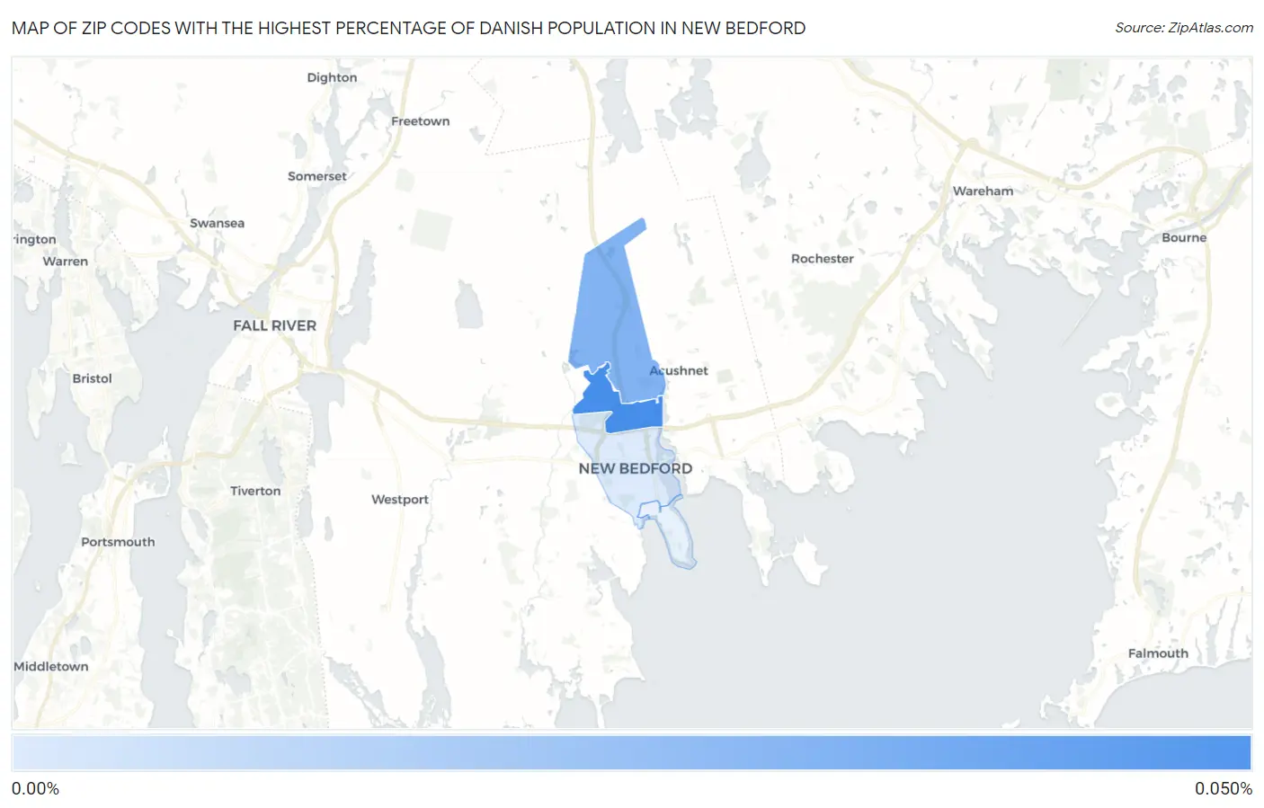 Zip Codes with the Highest Percentage of Danish Population in New Bedford Map