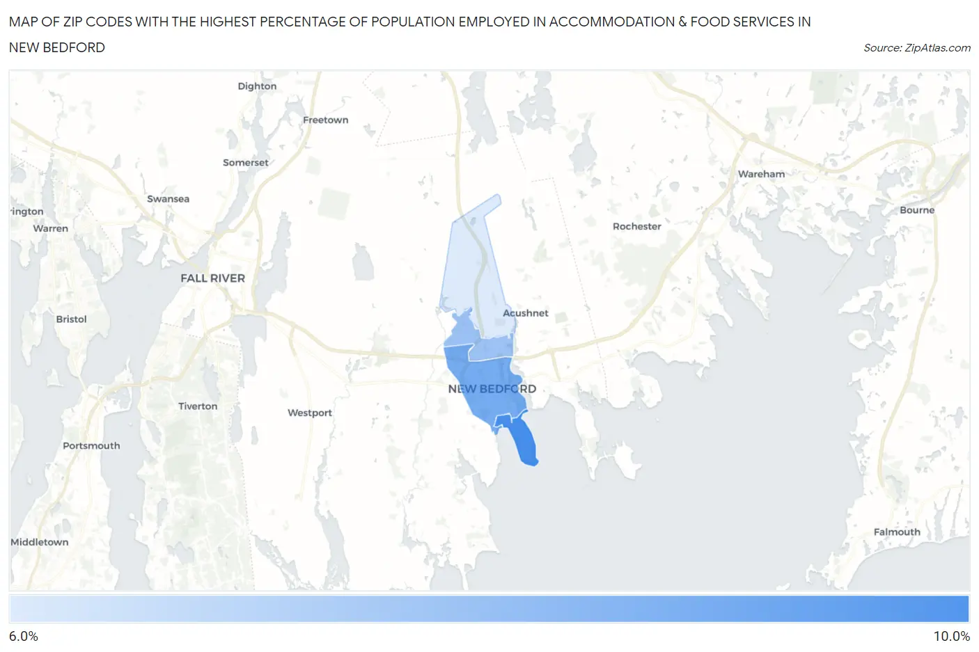 Zip Codes with the Highest Percentage of Population Employed in Accommodation & Food Services in New Bedford Map