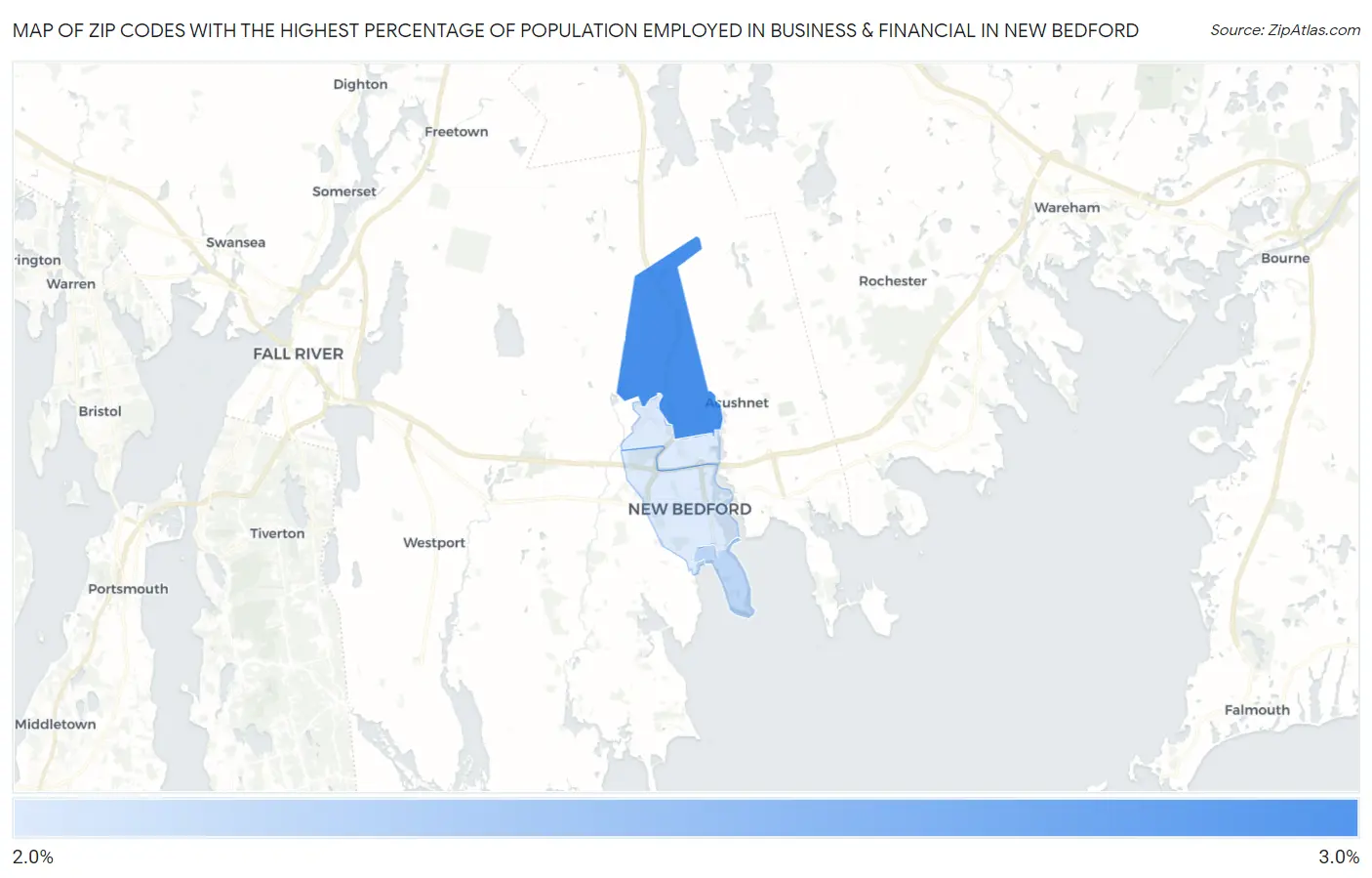 Zip Codes with the Highest Percentage of Population Employed in Business & Financial in New Bedford Map