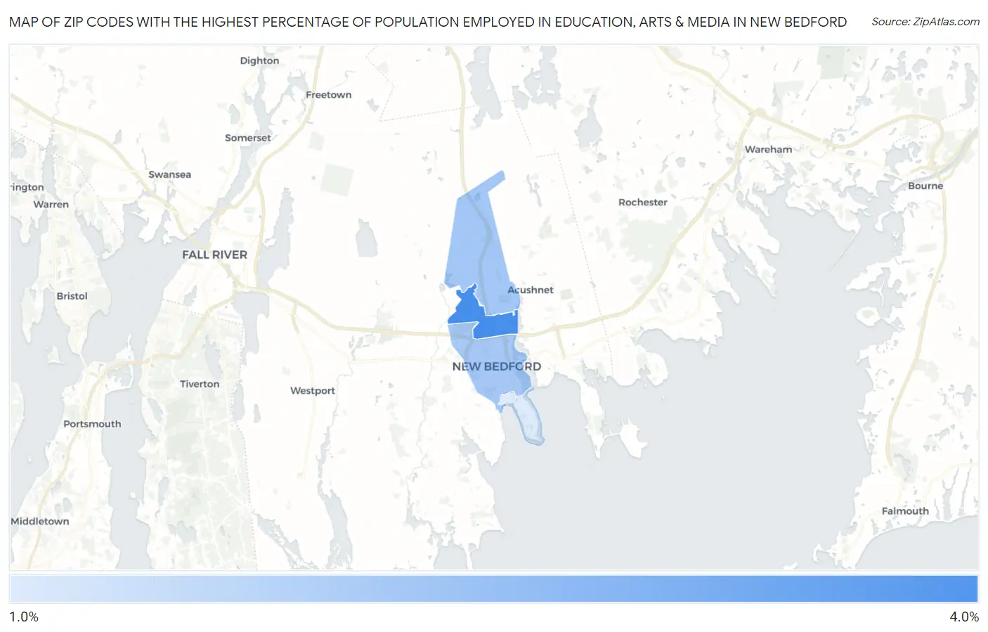 Zip Codes with the Highest Percentage of Population Employed in Education, Arts & Media in New Bedford Map