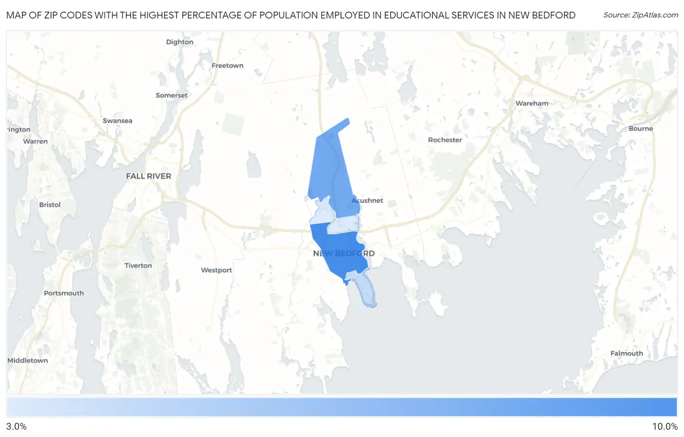 Zip Codes with the Highest Percentage of Population Employed in Educational Services in New Bedford Map